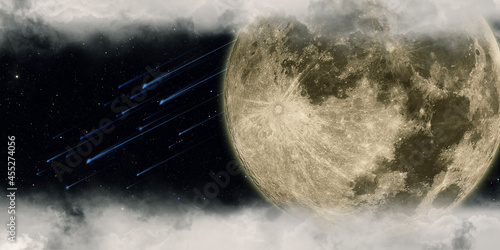 meteor and full moon cloudy night 3D illustration