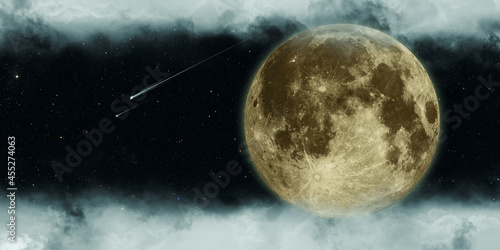 meteor and full moon cloudy night 3D illustration