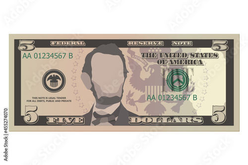 Five dollar bill, 5 US dollars banknote, front side. Simplified vector illustration of USD isolated on a white background photo