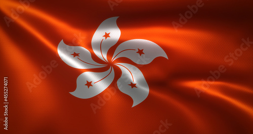 Hong Kong flag with waving folds, close up view, 3D rendering photo