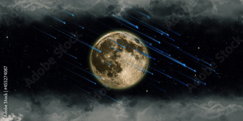 meteor and full moon cloudy night 3D illustration