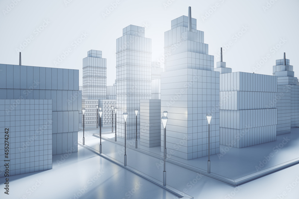 Creative graphic white city backdrop. Building and downtown concept. 3D Rendering.