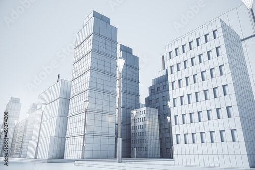 Creative graphic white city background. Building and downtown concept. 3D Rendering.