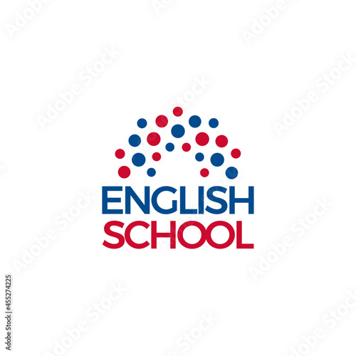 English school logo Blue red dot sun or rainbow icon above english school text, language school vector logo concept.