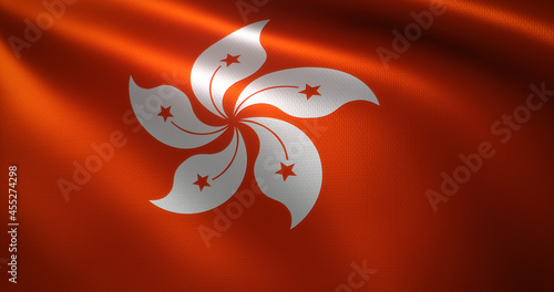 Hong Kong flag with waving folds, close up view, 3D rendering photo