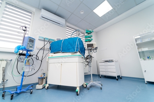 Hospital newborn emergency ward. Child health emergency treatment. Low angle view photo