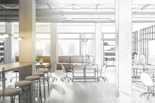 Sketch of creative modern coworking office interior with bright city view and concrete flooring. Design, repairs, refurbishment and workplace style concept. 3D Rendering. photo