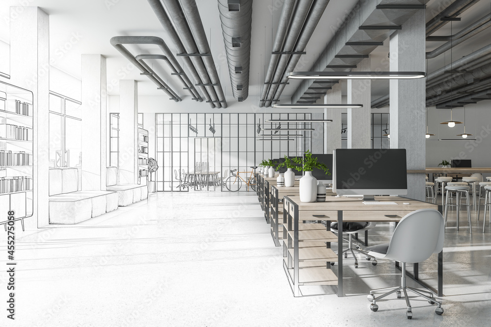 Sketch of creative coworking office interior with bright city view and concrete flooring. Design, repairs, refurbishment and workplace style concept. 3D Rendering. - obrazy, fototapety, plakaty 