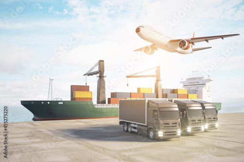 Abstarct ship  truck and airplane on bright outdoor background. Delivery  freight and cargo concept. 3D Rendering