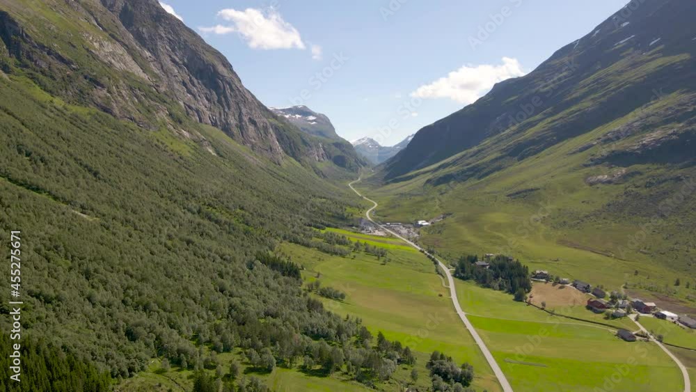 Secluded mountain village of Aarset in Geiranger fjord, Norway; aerial view Secluded mountain village of Aarset in Geiranger fjord, Norway; aerial view