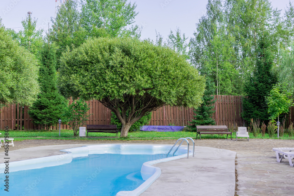 Summer view by the pool with benches and trees