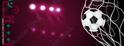 Football competition. Qatar flag. Soccer ball and background. Realistic vector illustration.