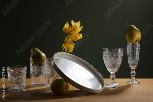 still life with a glass of still life with a glass of alcoholic drinks - wine, martini, champagne, cogniac, whiskey and decoration photo