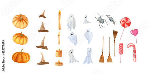Watercolor halloween set. Illustration with pumpkins  witches hat  lollipop  candles  broom  spiders  ghosts for holidays decor design
