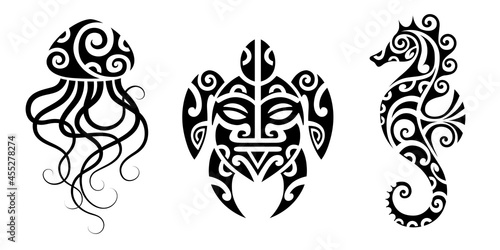 Set of tattoo sketch maori style. Sea animals. Turtle, seahorse, jellyfish. 