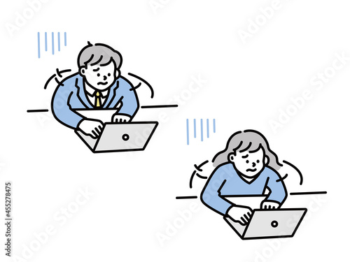 残業する男性のイラスト(仕事、ビジネス、資料作成、会議、疲れ、忙しい、イライラ、失敗、多忙) Illustrations of men working overtime . work, business, materials preparation, meetings, fatigue, busyness, irritation