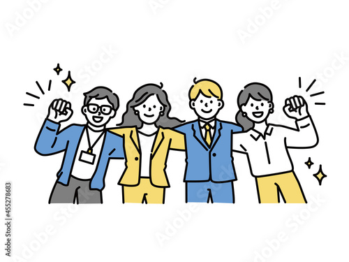 肩を組むイラスト(仲間、先輩、同僚、後輩、仕事、やる気、モチベーション、頑張る、応援、向上心、ビジネス) Shoulder-to-shoulder illustrations (companies, seniors, colleagues, juniors, work, motivation, hard work, ambition, business)	
