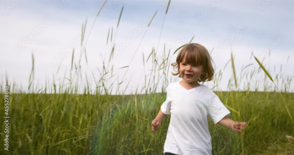 Joyful caucasian baby boy running in grass of field and positively smiling. Funny kid having fun and playing - childhood dreams and discoveries 4k footage Joyful caucasian baby boy running in grass of field and positively smiling. Funny kid having fun and playing - childhood dreams and discoveries 4k footage