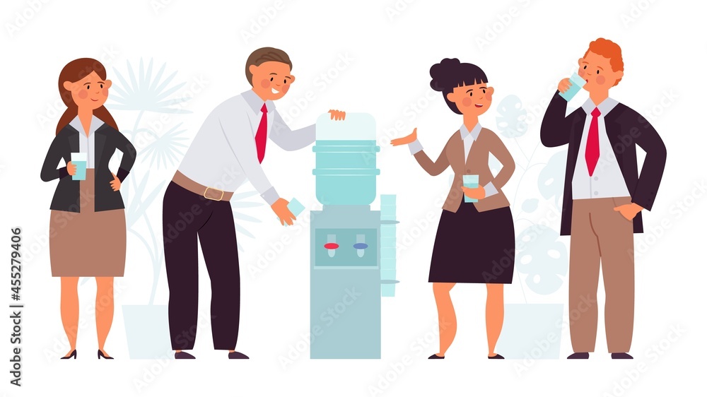 Fototapeta premium Office people conversation. Water drink on work, flat corporate cooler. Talk break characters, managers gossip and drinking decent vector concept