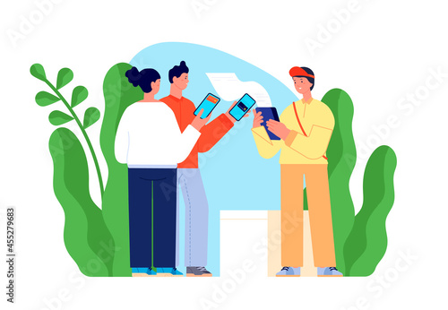 Cashless payments. Card pay processing, terminal bank digital check. Couple pays with phone for delivery, shopping utter vector concept