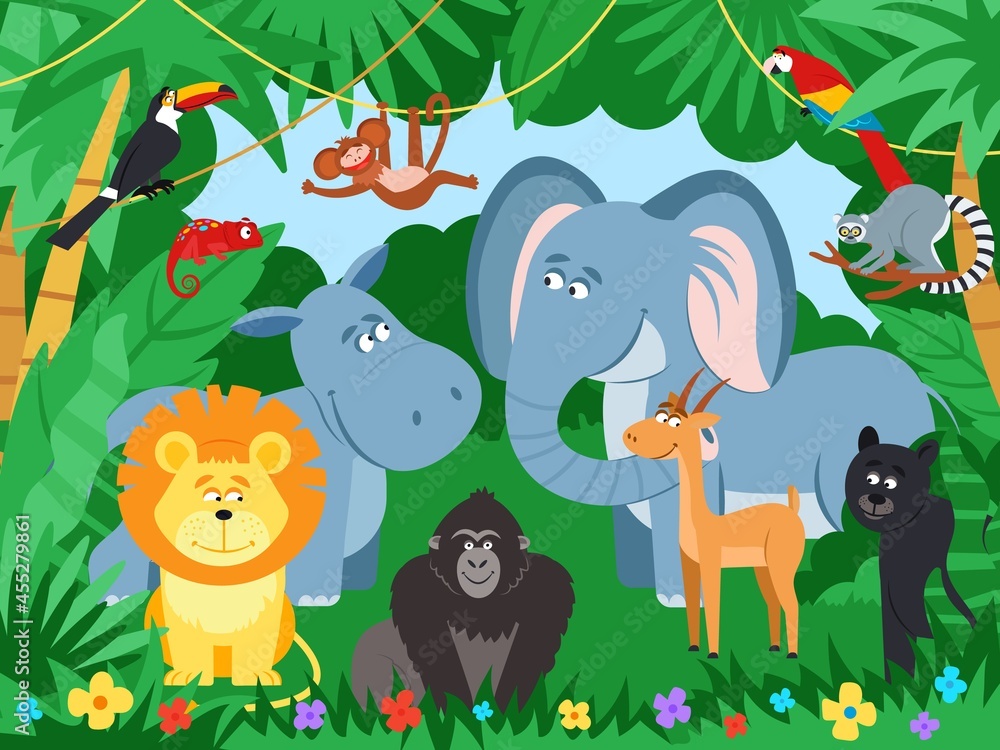Fototapeta premium Cartoon tropical animals. Wildlife zoo animal, jaguar parrot in jungle leaf. Cute elephant, monkey in rainforest. Wild characters decent vector poster