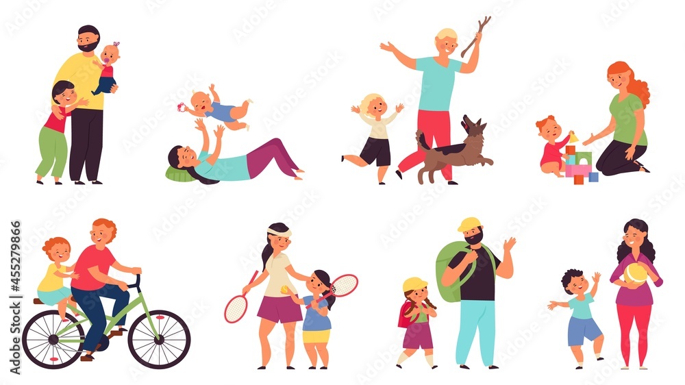 Cartoon parents with children. Nurturing family, woman nurture child. Young mother dad playing kids, parenthood and motherhood decent vector scenes