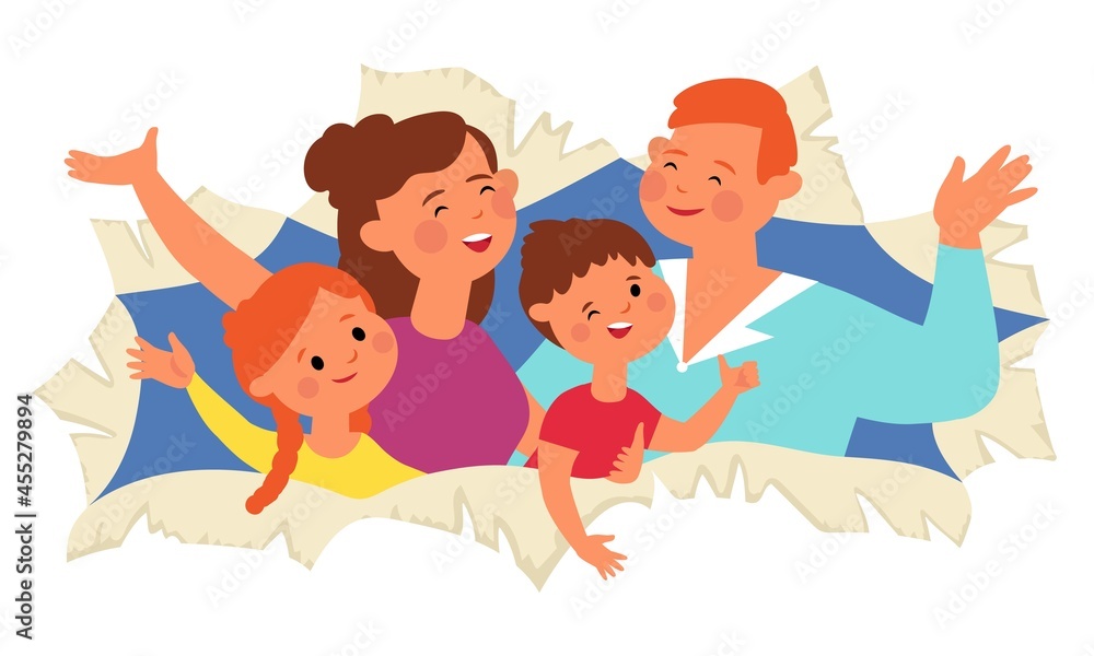 Family in paper hole. Happy parents, people look through torn opening. Positive children, cartoon birthday, festival or party decent vector banner Family in paper hole. Happy parents, people look through torn opening. Positive children, cartoon birthday, festival or party decent vector banner