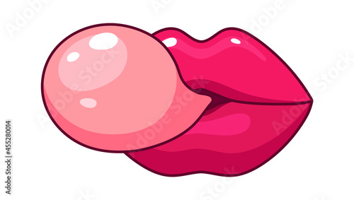 Female sexy lips. Pink girl mouth with gum bubble. Cartoon isolated fashionable sticker, vector glamour patch for textile decor or print