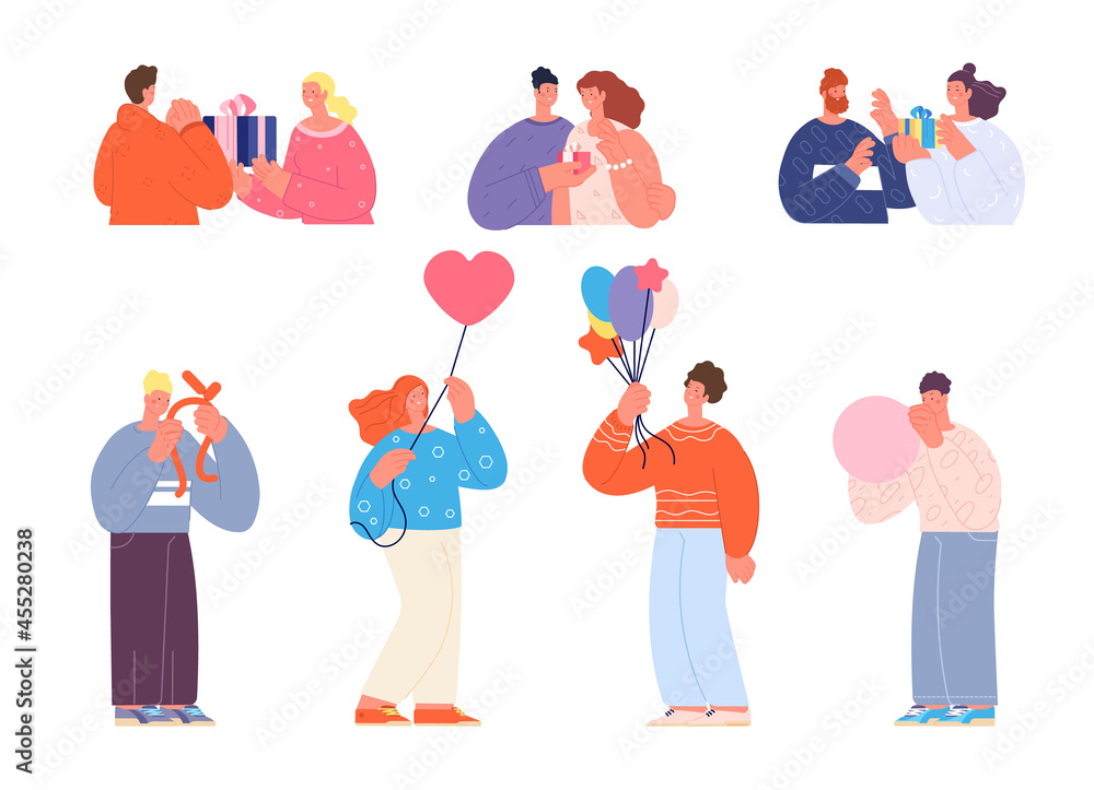 Birthday celebration characters. Woman party, people with balloons. Flat teens anniversary. Person take gift box, happy festive corporate utter vector set