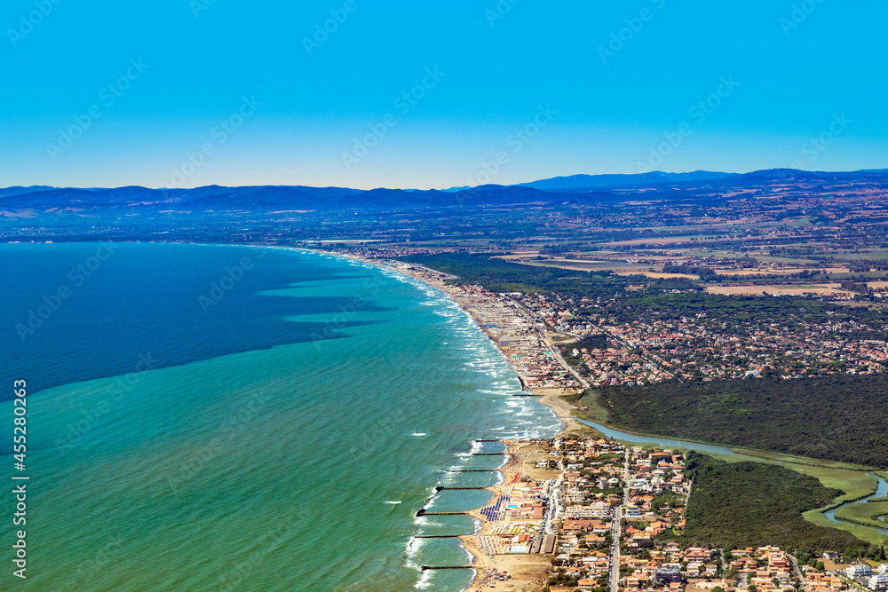 Naklejka premium aerial view to coast of Italy near Rome with touristic beaches in Fiumicino