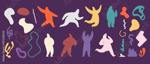 Doodle shapes and silhouettes. Abstract art shape, scribble human. Colorful artistic decorations, hand drawn creative utter vector elements