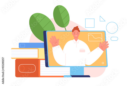 Online teacher. Virtual learning courses, young college coach on screen. Distance school, remote mentoring on training utter vector concept