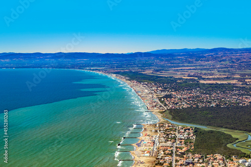 aerial view to coast of Italy near Rome with touristic beaches in Fiumicino photo