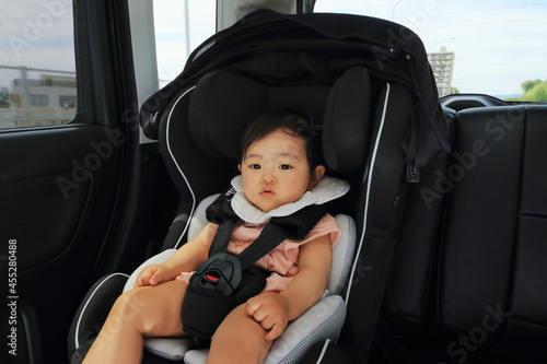 運転中の車のチャイルドシートに乗っている赤ちゃん photo