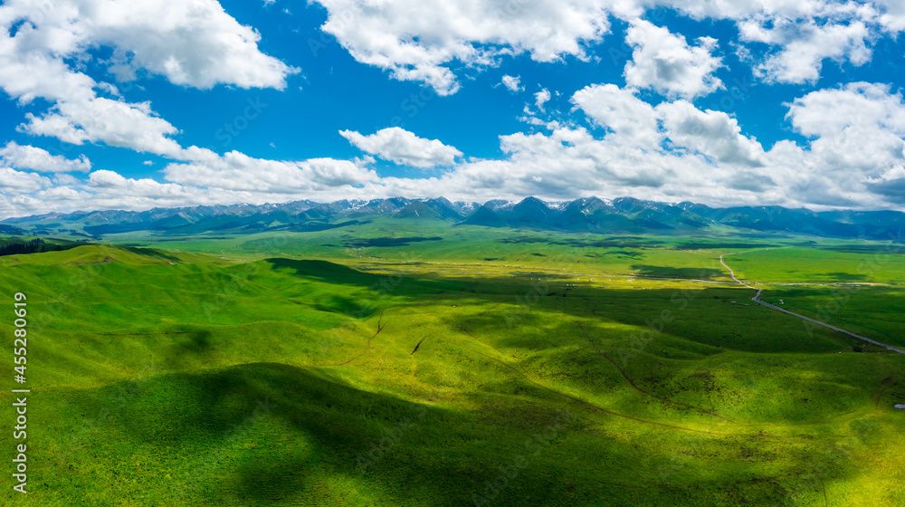 Green grass and mountain landscape in Nalati grassland,Xinjiang,China.Aerial view.