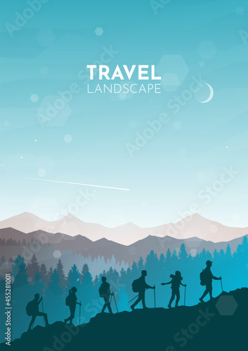Teamwork. Climbers climb up the mountain. Hiking. Adventure. Travel concept of discovering, exploring and observing nature. Polygonal minimalist graphic flat design. Vector illustration.