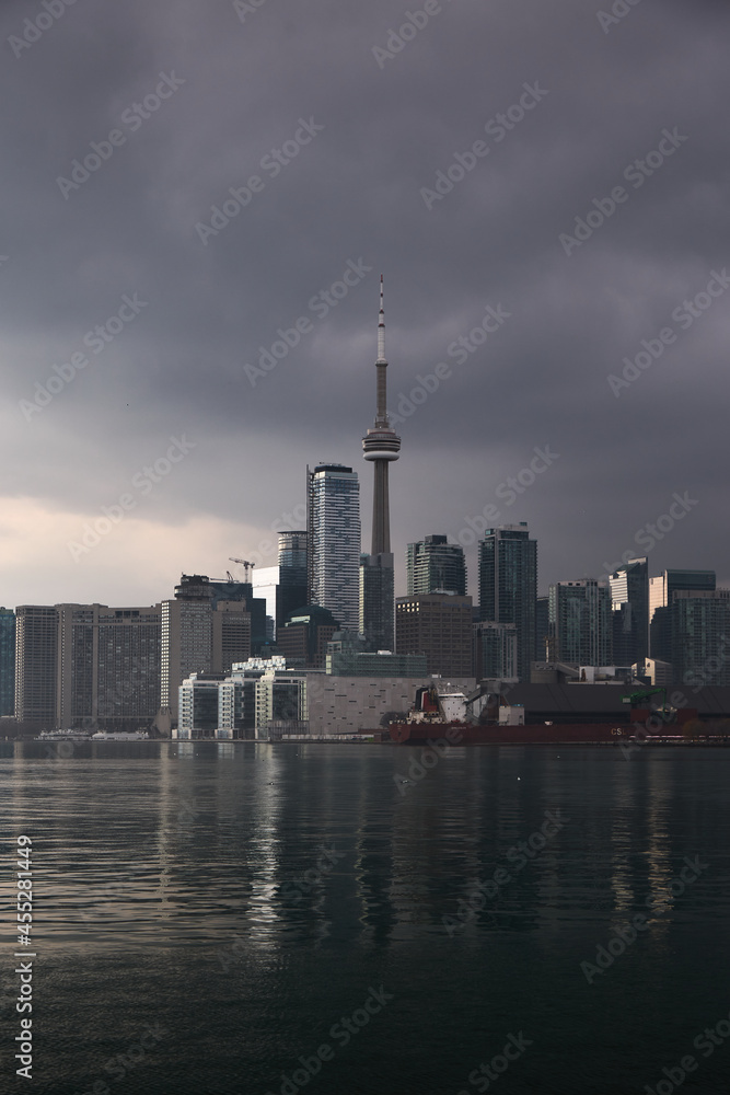 Urban city skyline of Toronto, Canada in rainy weather