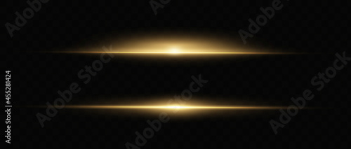 yellow horizontal lens flares pack. Laser beams, horizontal light rays. Beautiful light flares.