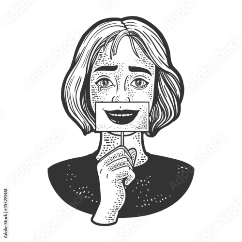 Sad girl with simulated smile sketch engraving vector illustration. T-shirt apparel print design. Scratch board imitation. Black and white hand drawn image.