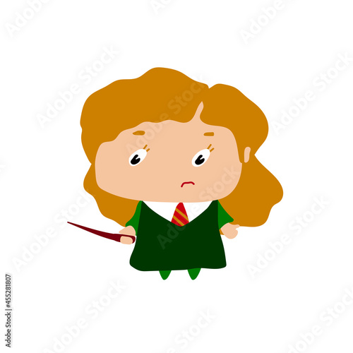 sorceress with a magic wand in her hand. girl in school clothes with tie and mantle. vector stock illustration. White background. cartoon cute character. flat
