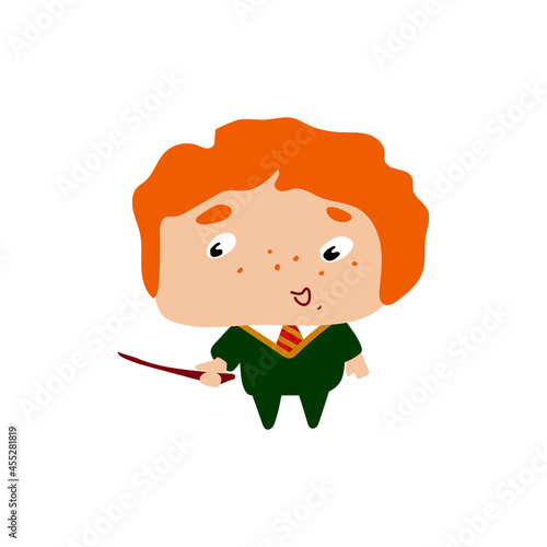 magician with a magic wand. boy with red hair in school clothes and with a tie. vector stock illustration. White background. freckles. cartoon character
