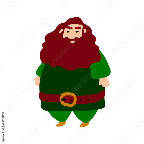 wizard giant with a beard. green clothes with a belt. the character. vector stock illustration. white isolated won. school of magic. cartoonish. flat style. for children
