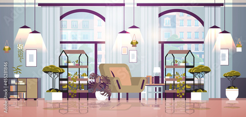 greenhouse plants potted flowers on shelves home garden concept living room interior