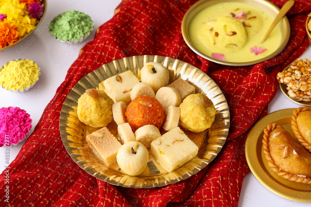 Diwali sweets Gujiya barfi Motichoor Laddu Rasmalai Indian sweet ...