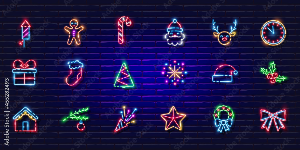 New year symbols neon set. Glowing icons. New Year and Christmas concept. Vector illustration for design. - obrazy, fototapety, plakaty 