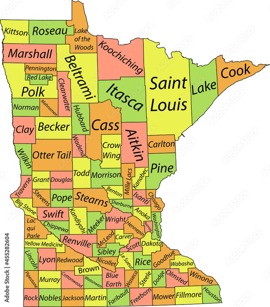 Pastel vector map of the Federal State of Minnesota, USA with black borders and name tags of its counties