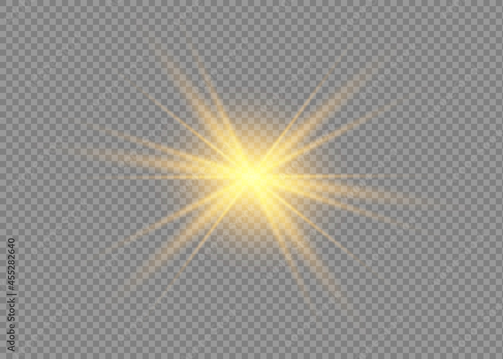 The star burst with brilliance. Yellow glowing light explodes on a transparent background. Bright Star. Golden Light effect.
