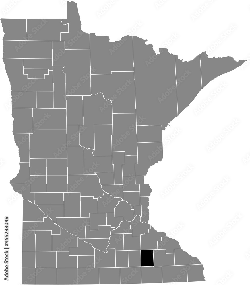 Fototapeta premium Black highlighted location map of the Dodge County inside gray map of the Federal State of Minnesota, USA