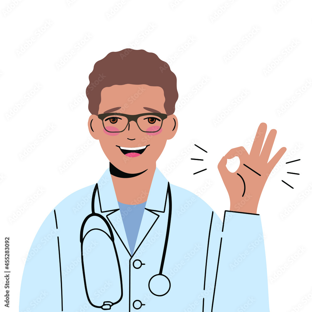 Smiling doctor with glasses gestures that everything is in order. Ok-gesture. Smiling doctor with glasses gestures that everything is in order. Ok-gesture.