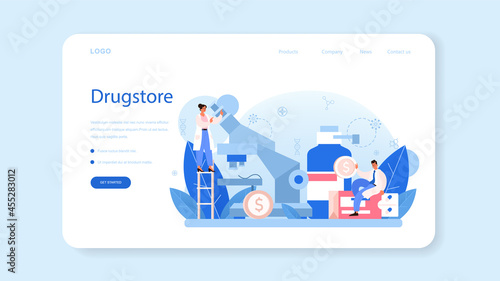 Pharmacy web banner or landing page. Pharmacist preparing